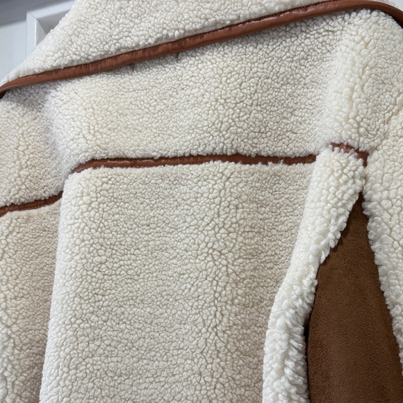 LOFT Ivory Cream Sherpa & Brown Faux Suede Moto Zip Jacket Coat Size Medium - Picture 14 of 15